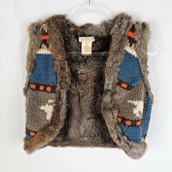 LaRok Rabbit Fur-Trimmed Vuntage Boho Vest Size Small Turquoise Knit - Picture 1 of 11